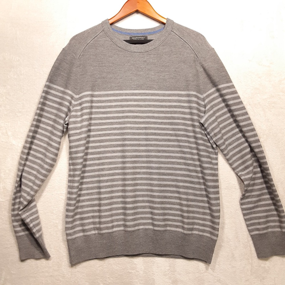 Banana Republic Mens Crew Neck Sweater/Sz.XL/Gray-Striped/100% Merino Wool-NWOT!